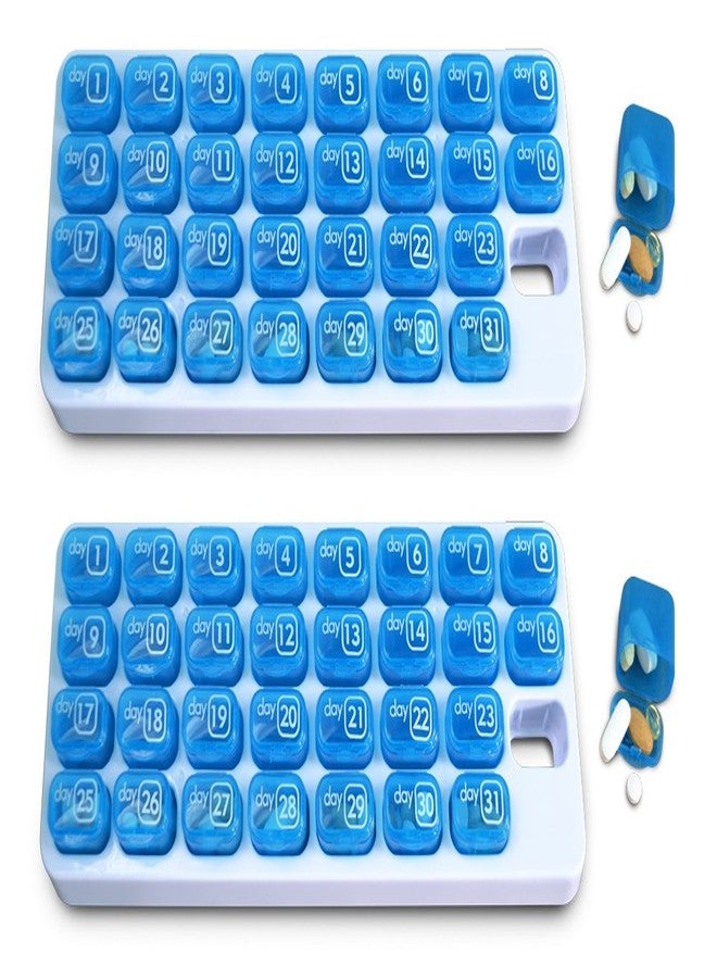 pill thing 31 Day Monthly Pill Organizer with Pop Out Pocket Pill Pods and Storage Tray for Vitamins, Supplements, Home, Work or Travel - 2 Pack Blue - Image 1